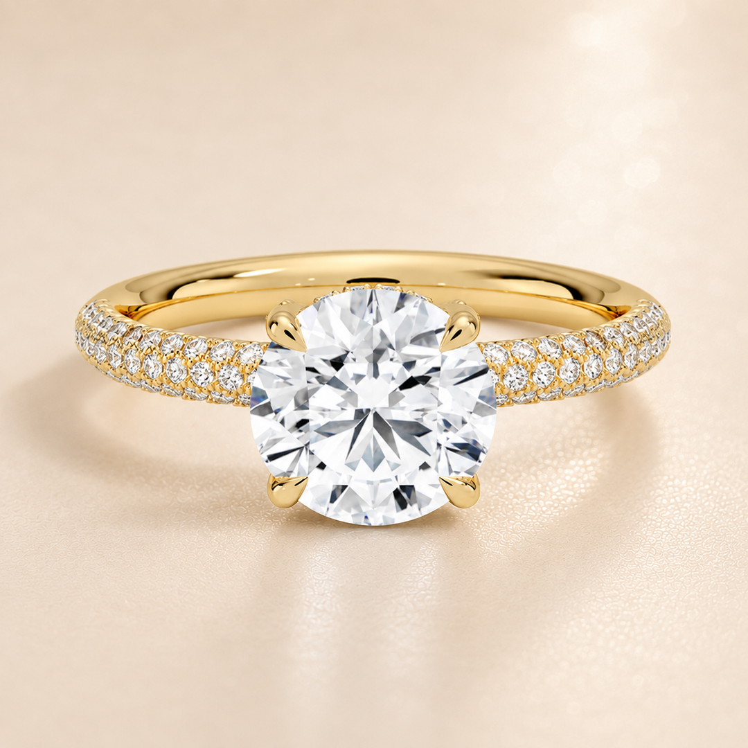 Micro Pave band Solitaire Ring in Yellow Gold