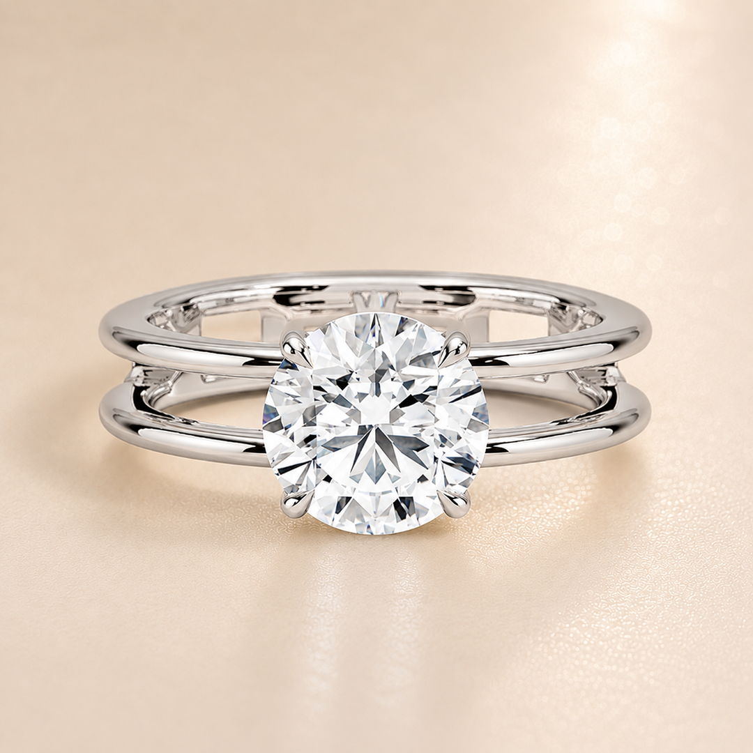 Open Double Band Solitaire Ring in White Gold