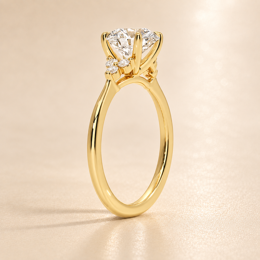Six round accent diamonds Three Stone Ring in Yellow Gold