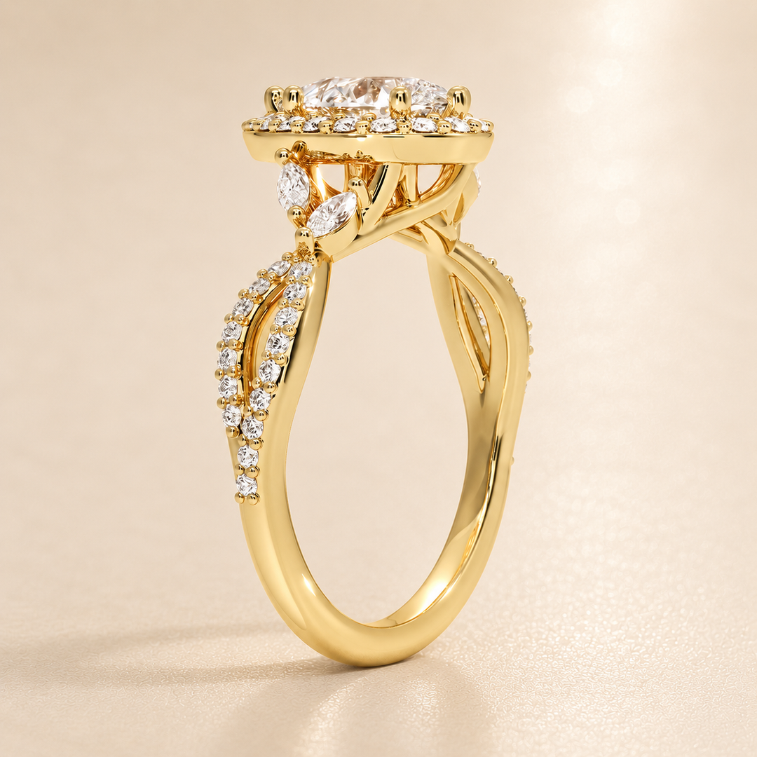 Vine band Halo Diamond Ring in Yellow Gold