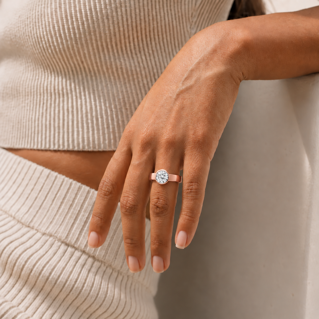 4mm Cigar band Bezel set Solitaire Ring in Rose Gold