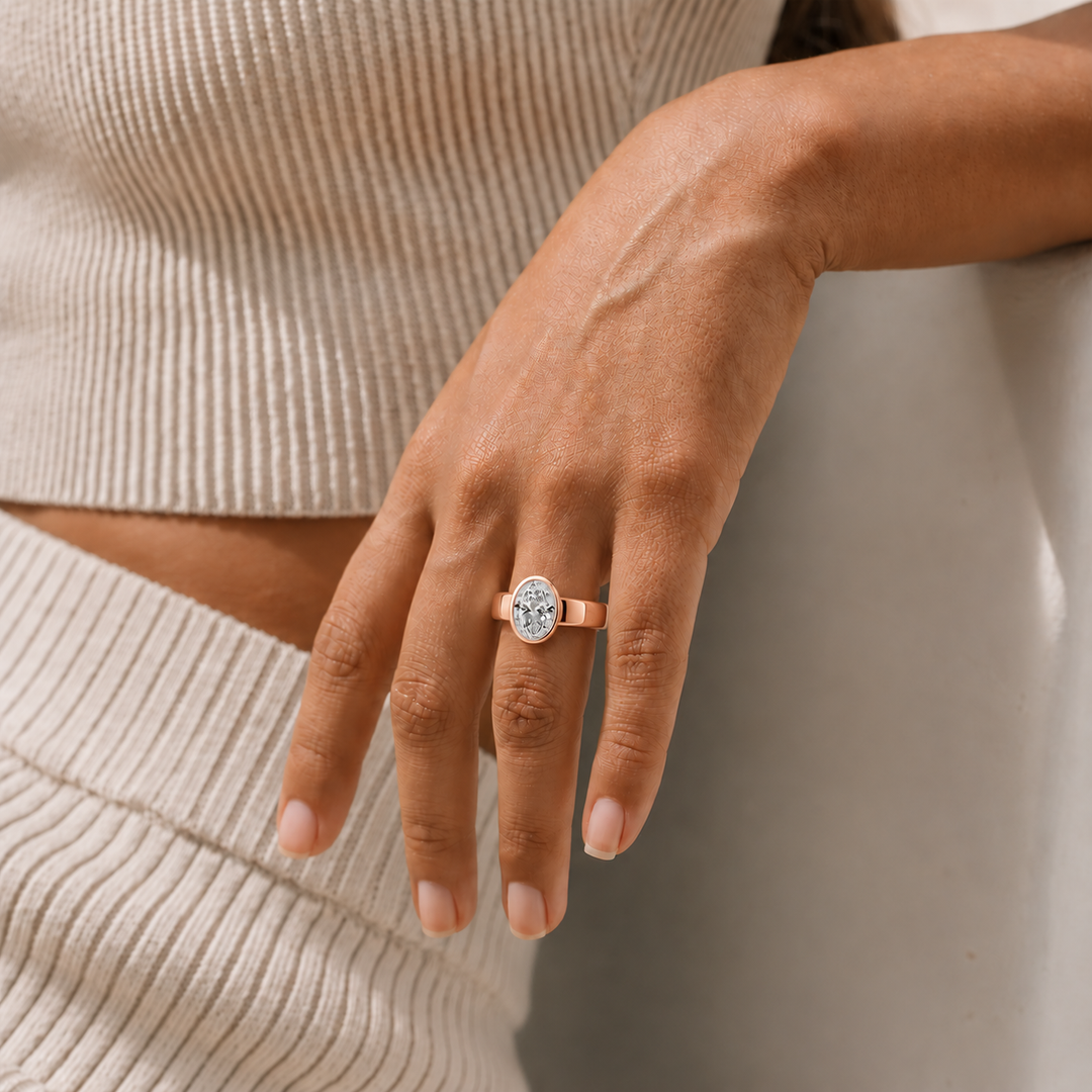 4mm Cigar band Bezel set Solitaire Ring in Rose Gold