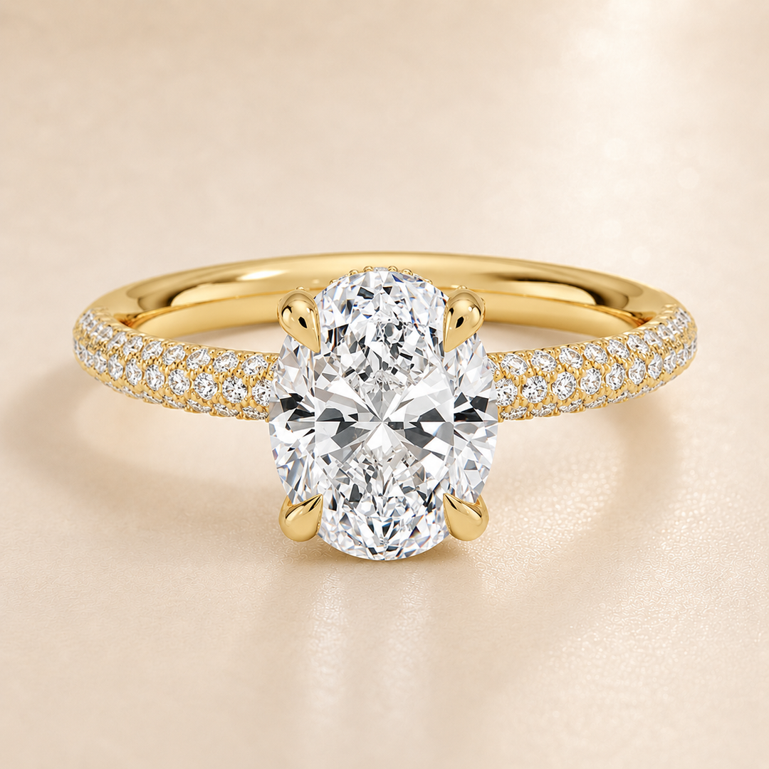 Micro Pave band Solitaire Ring in Yellow Gold
