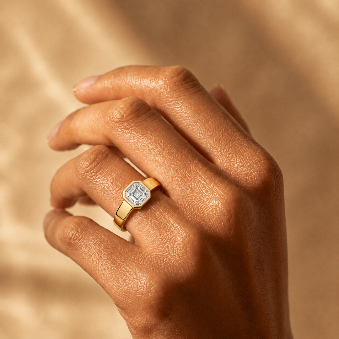 4mm Cigar band Bezel set Solitaire Ring in Yellow Gold