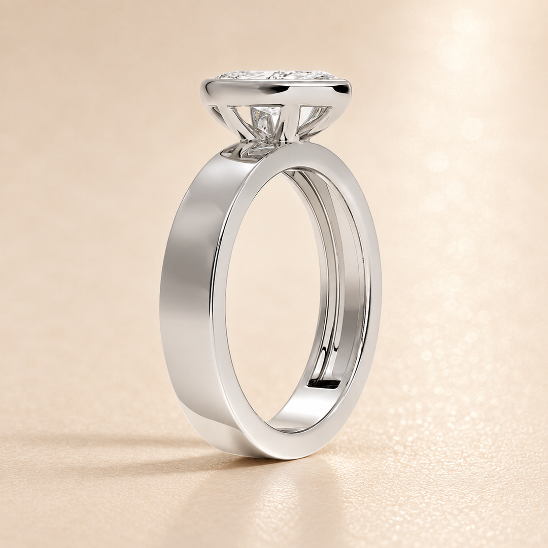 4mm Cigar band Bezel set Solitaire Ring in White Gold