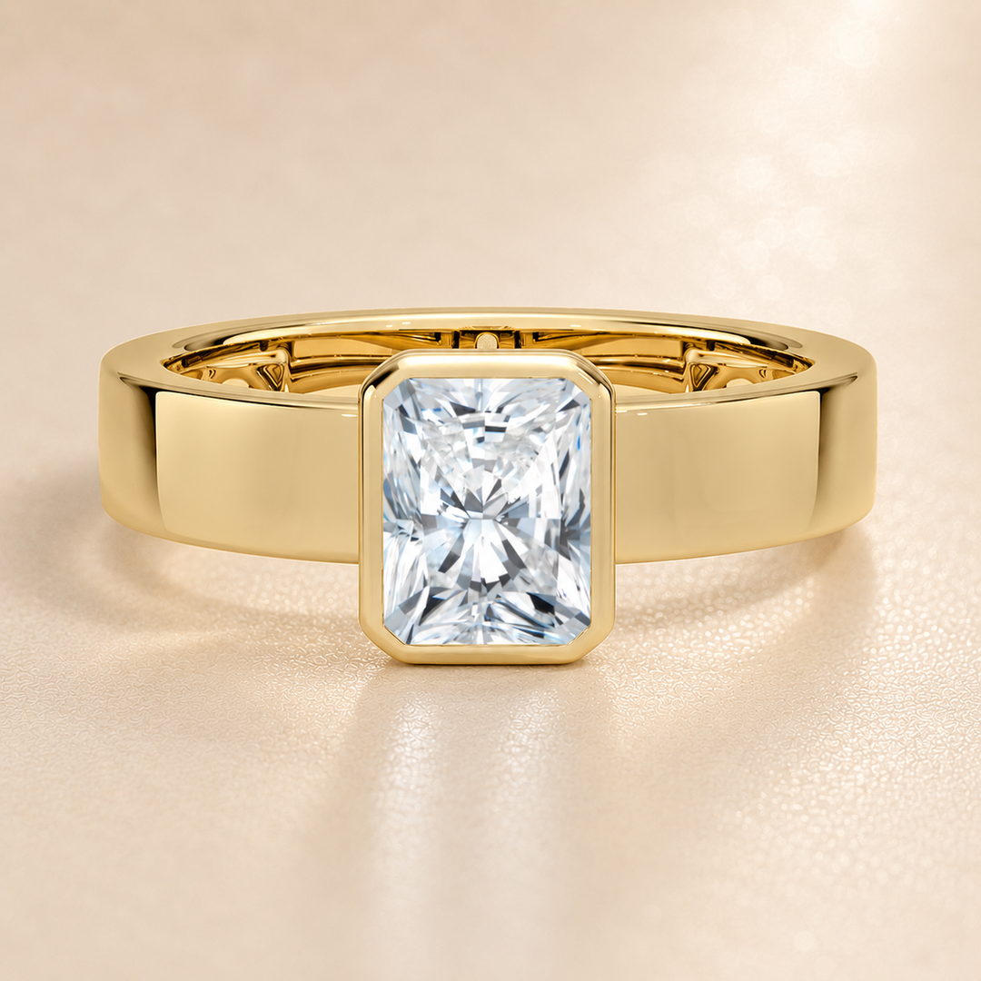 4mm Cigar band Bezel set Solitaire Ring in Yellow Gold