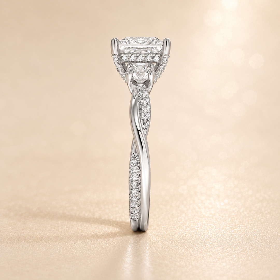 Twisted Vine Band Three Stone Ring in White Gold