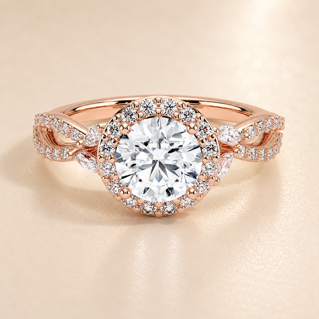 Vine band Halo Diamond Ring in Rose Gold