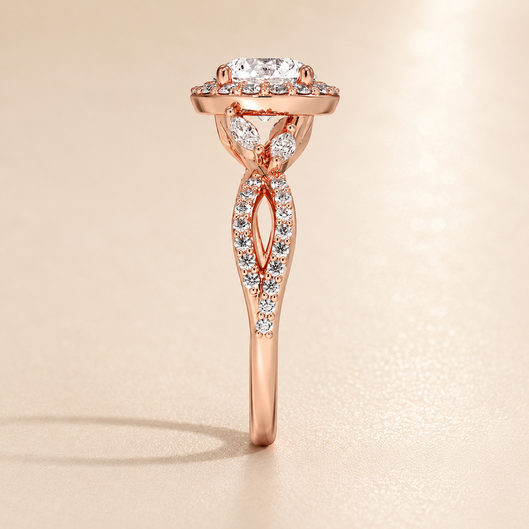 Vine band Halo Diamond Ring in Rose Gold