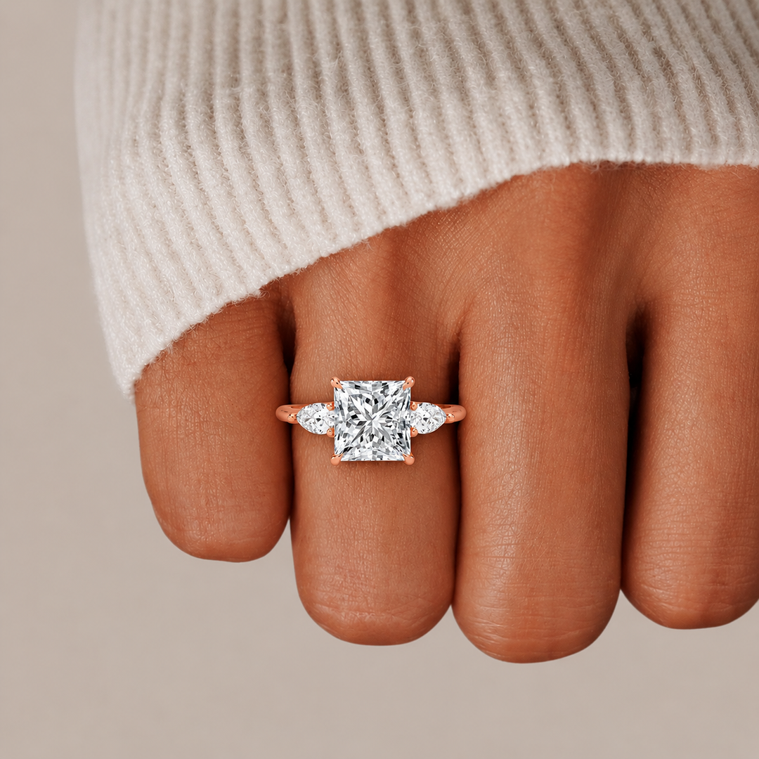 Pear Triology Princess Engagement Ring in Rose Gold