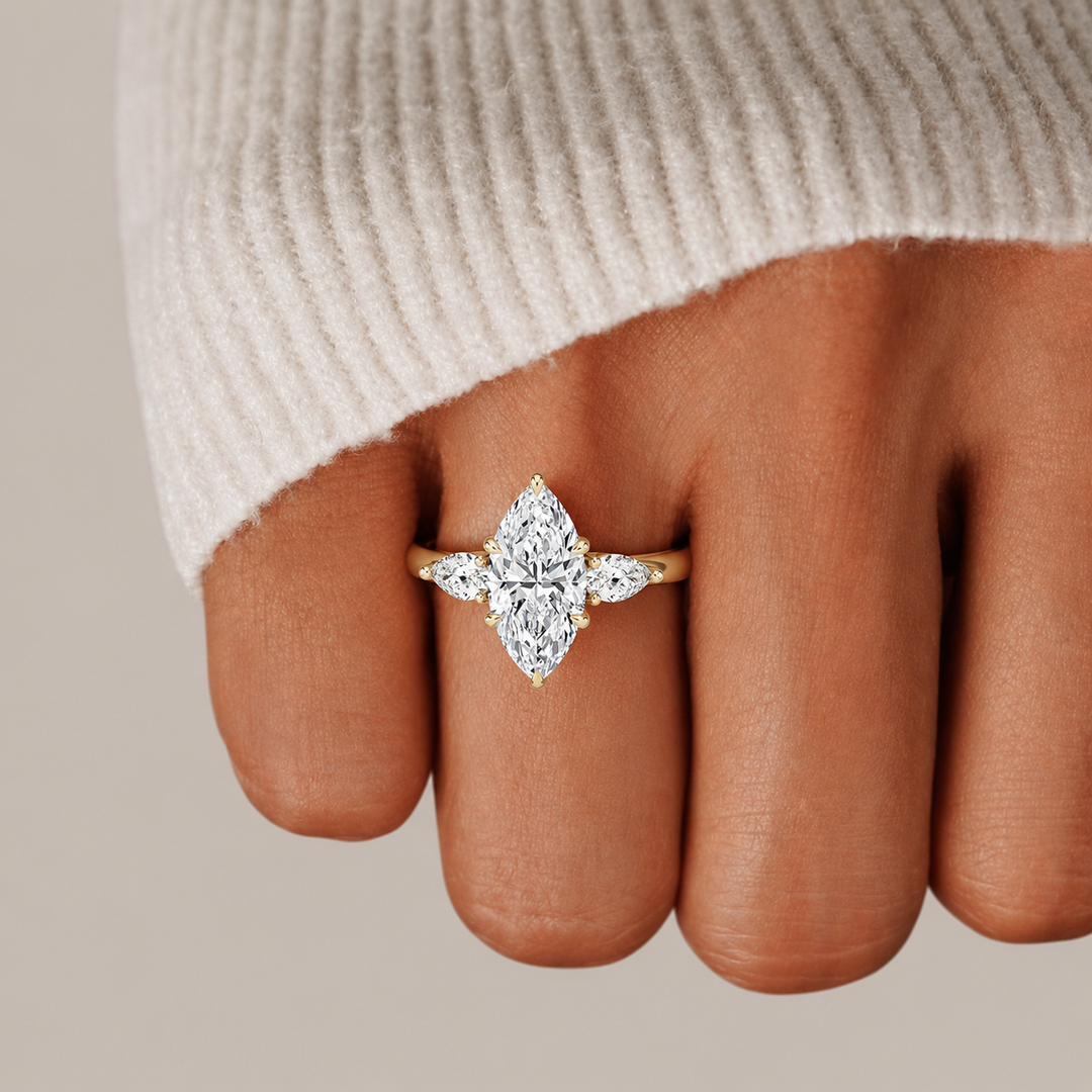 Pear Triology Marquise Engagement Ring in Yellow Gold
