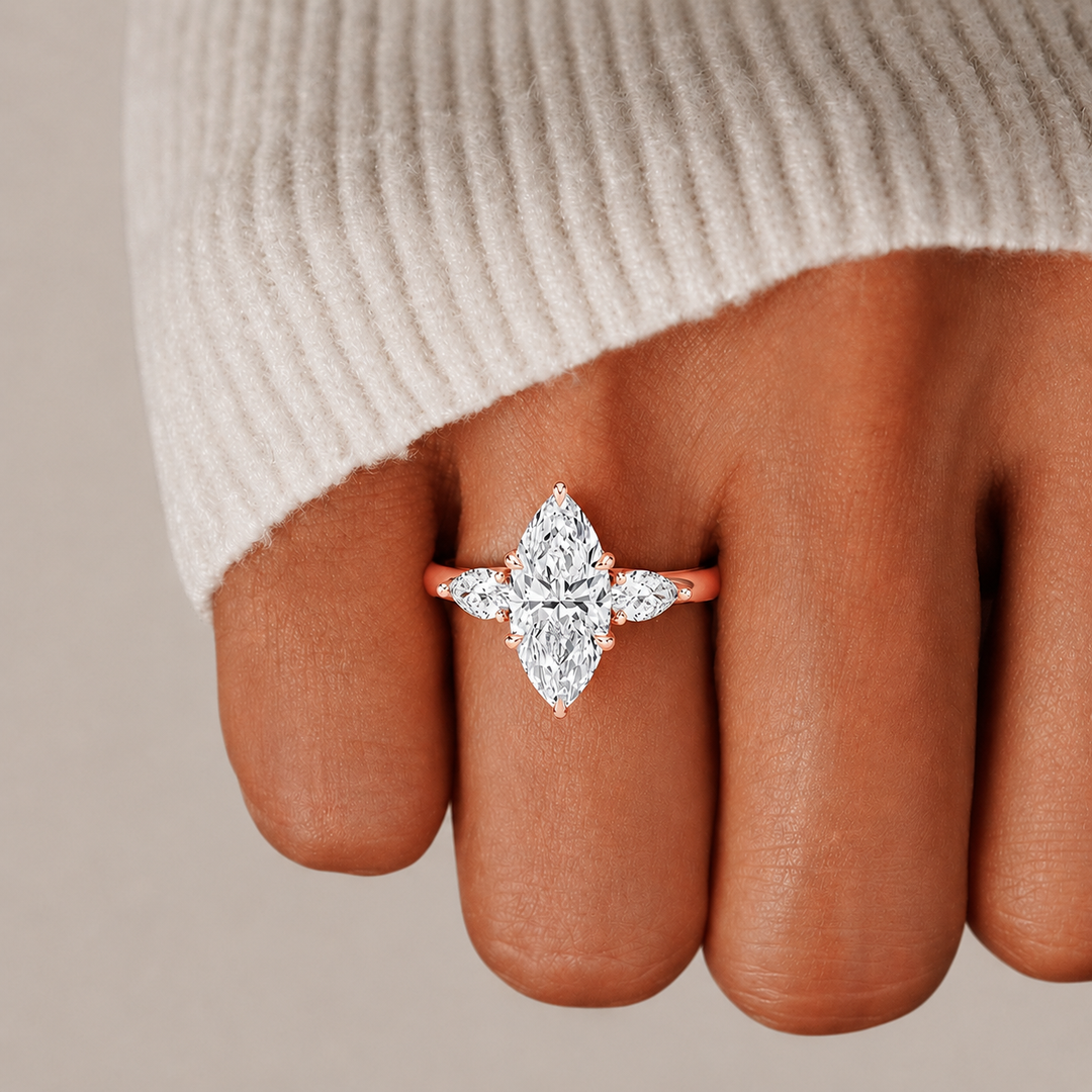 Pear Triology Marquise Engagement Ring in Rose Gold