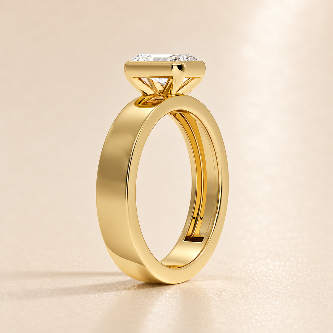 4mm Cigar band Bezel set Solitaire Ring in Yellow Gold