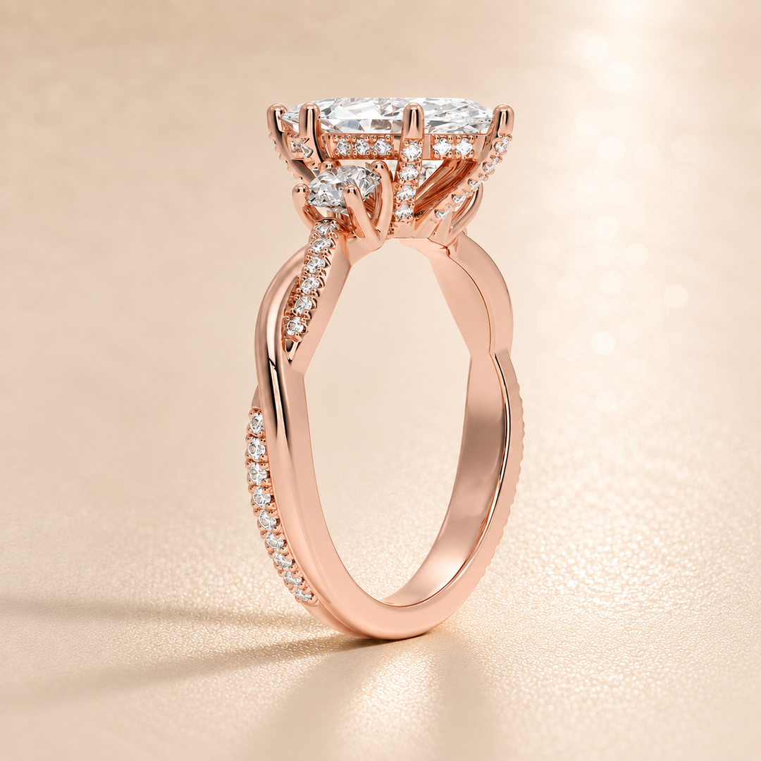 Twisted Vine Band Three Stone Ring in Rose Gold