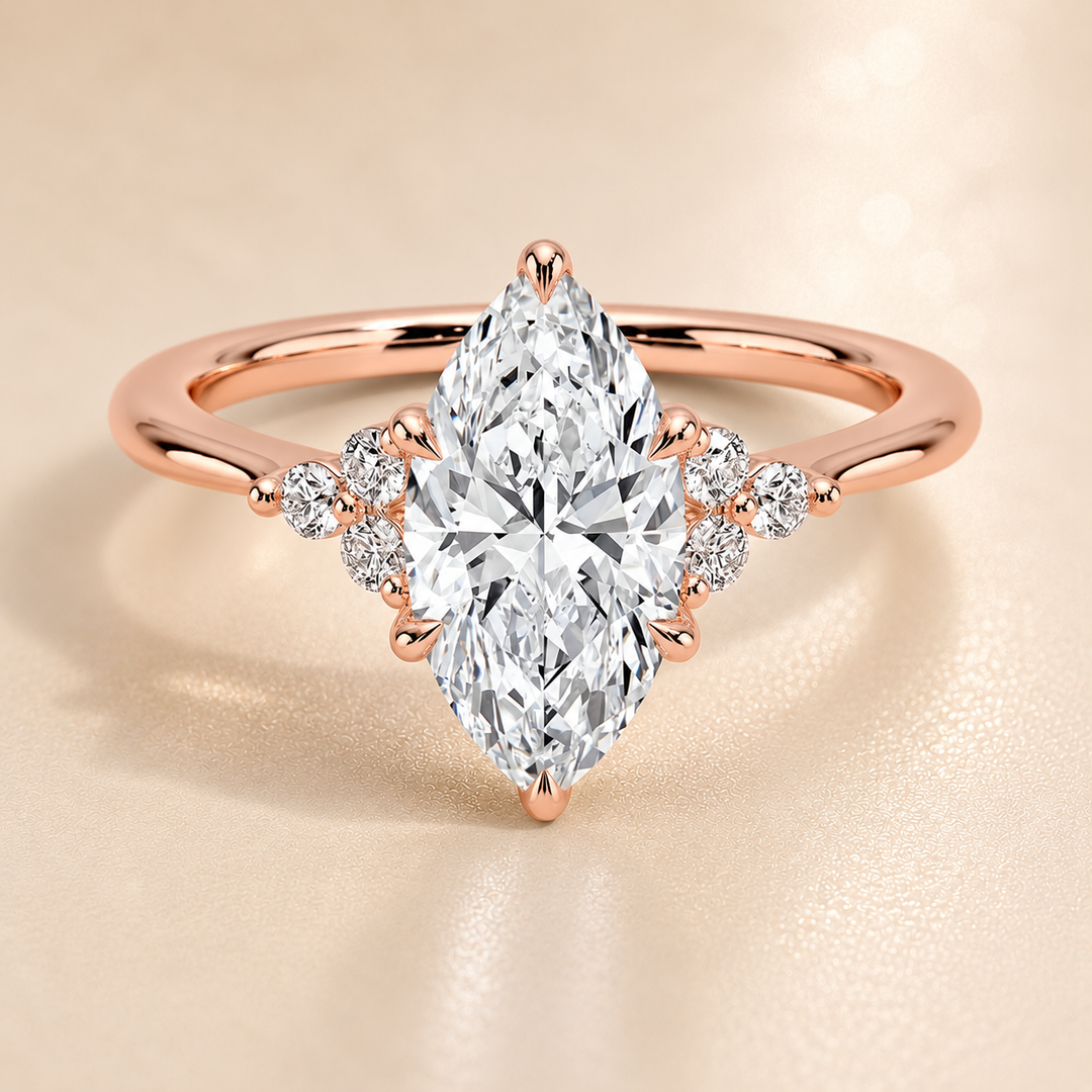 Six round accent diamonds Three Stone Ring in Rose Gold