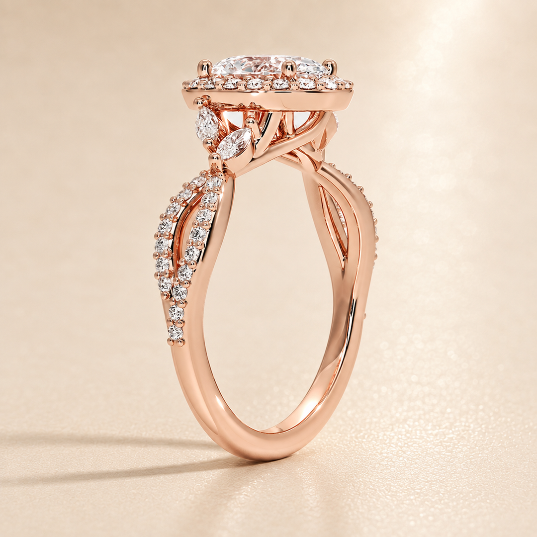 Vine band Halo Diamond Ring in Rose Gold
