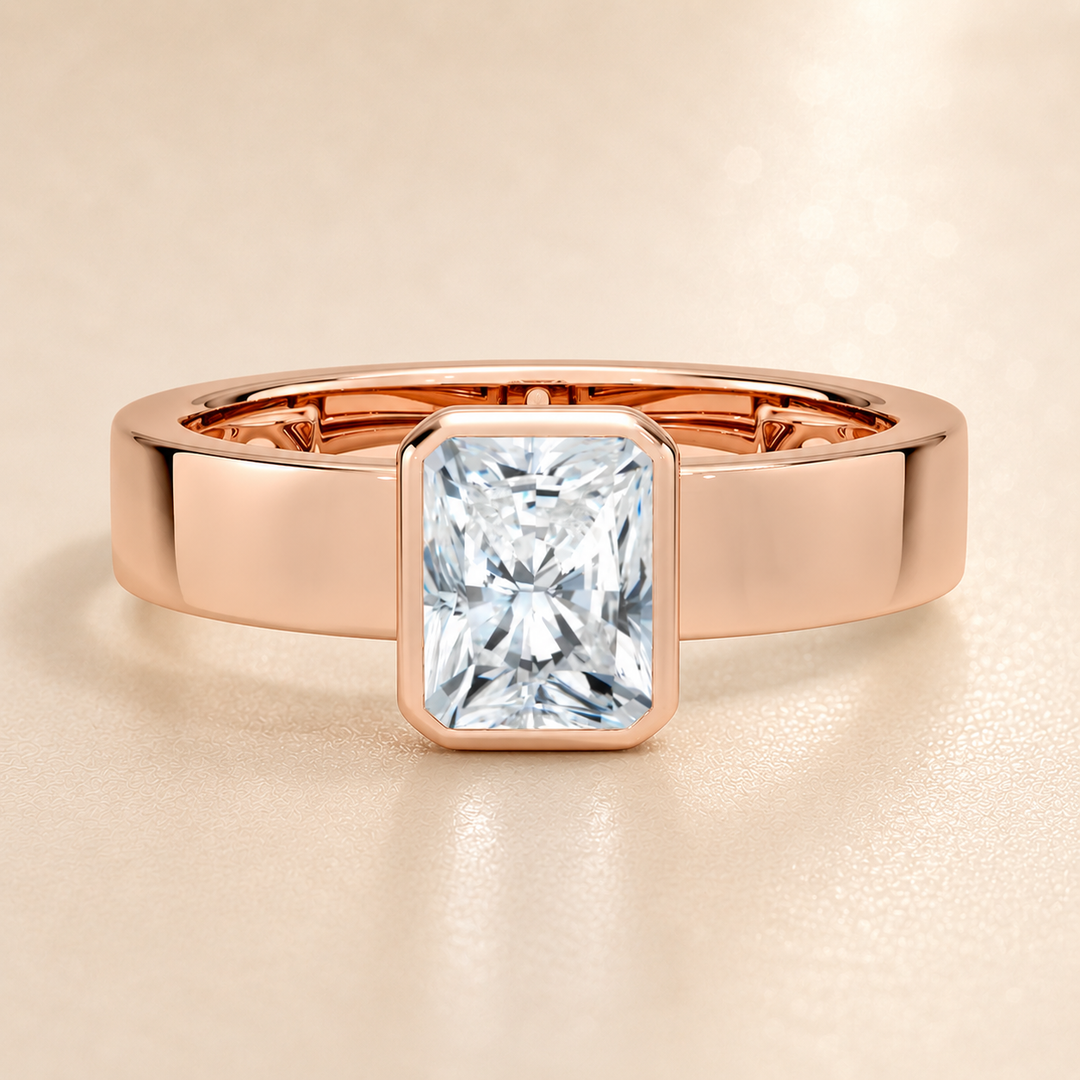 4mm Cigar band Bezel set Solitaire Ring in Rose Gold