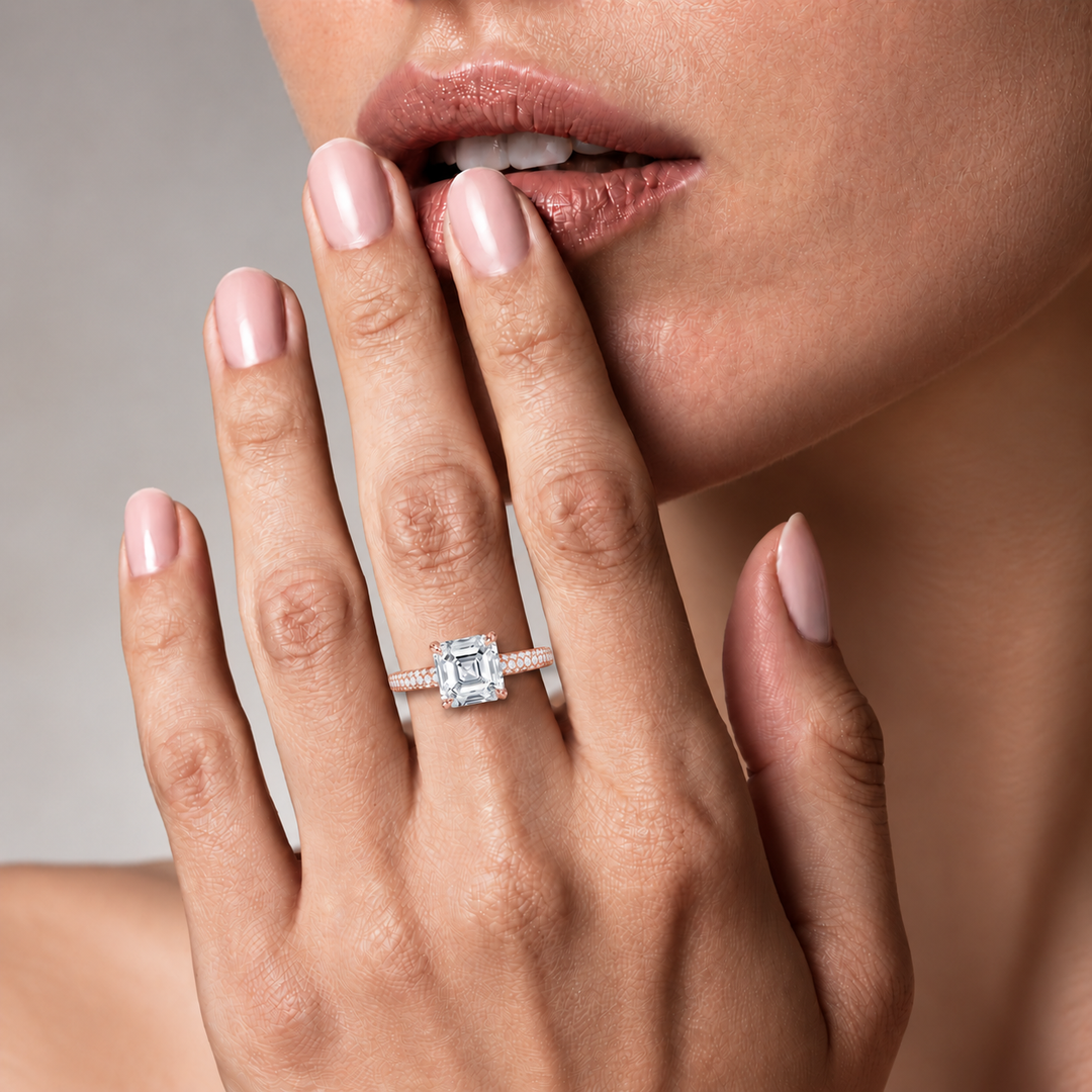 Micro Pave band Solitaire Ring in Rose Gold