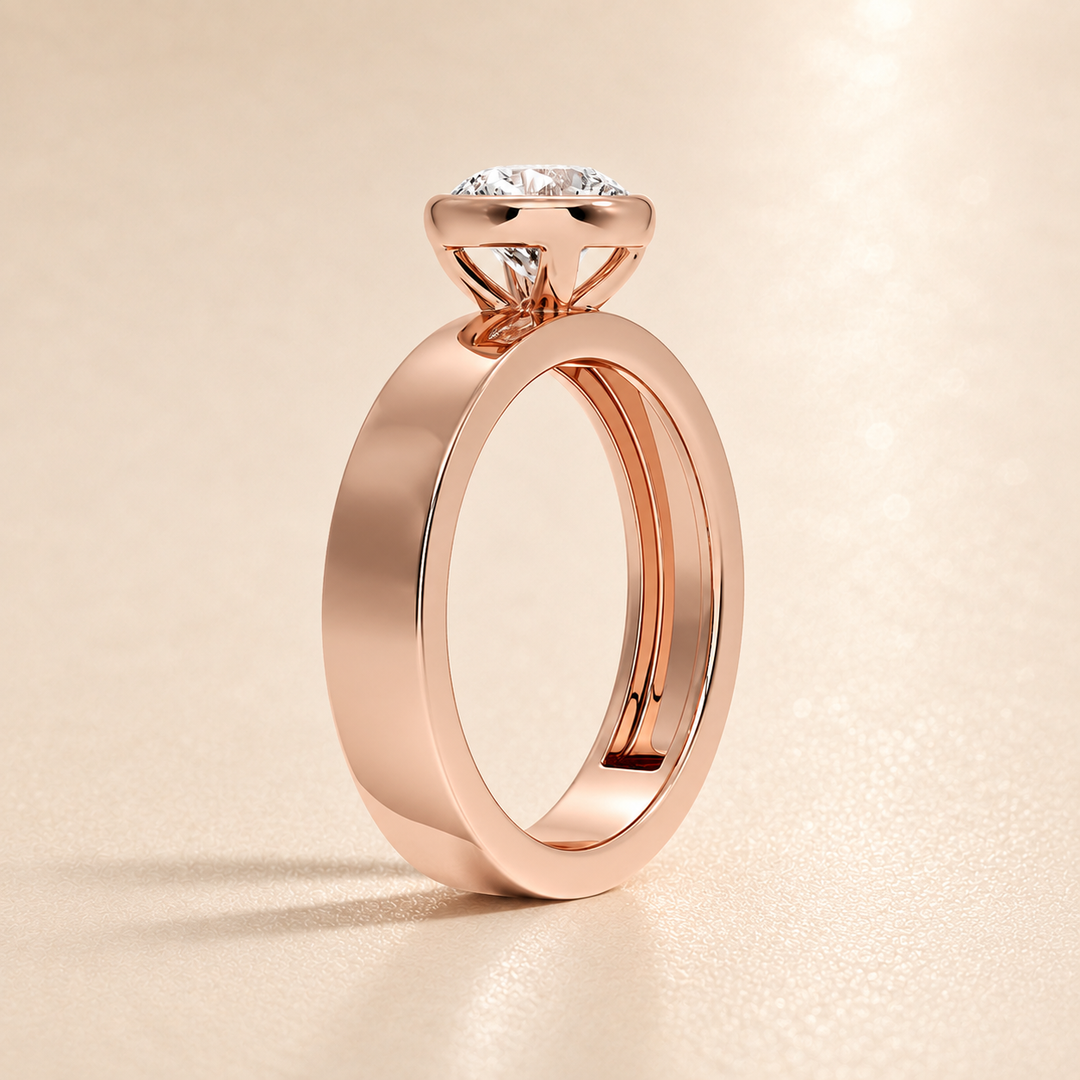 4mm Cigar band Bezel set Solitaire Ring in Rose Gold