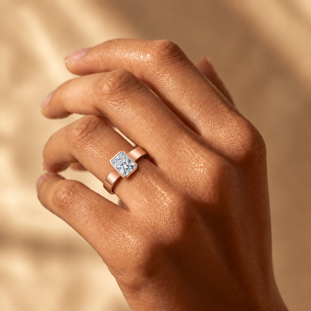 4mm Cigar band Bezel set Solitaire Ring in Rose Gold