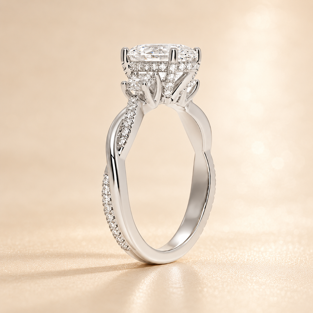 Twisted Vine Band Three Stone Ring in White Gold