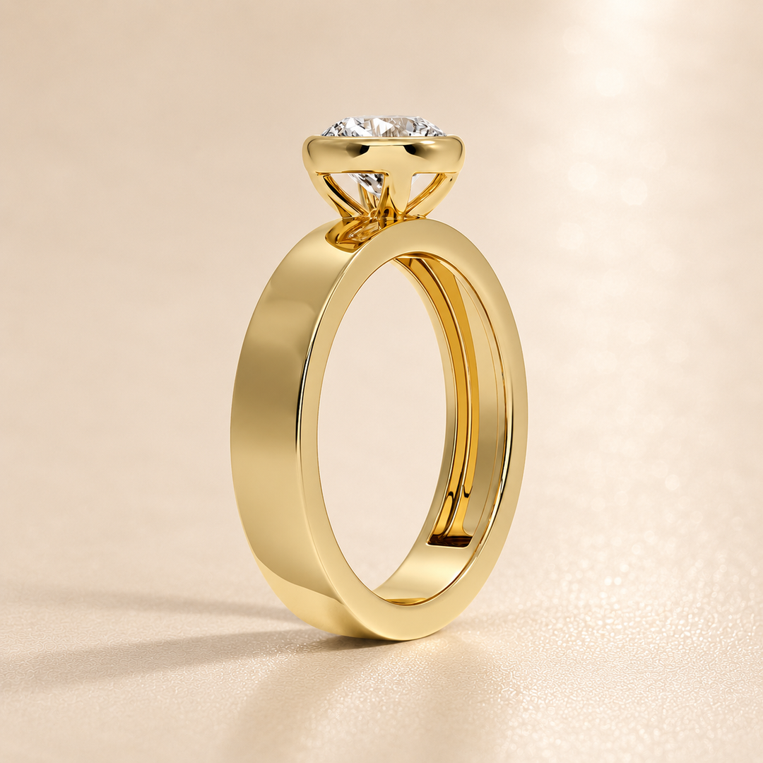4mm Cigar band Bezel set Solitaire Ring in Yellow Gold