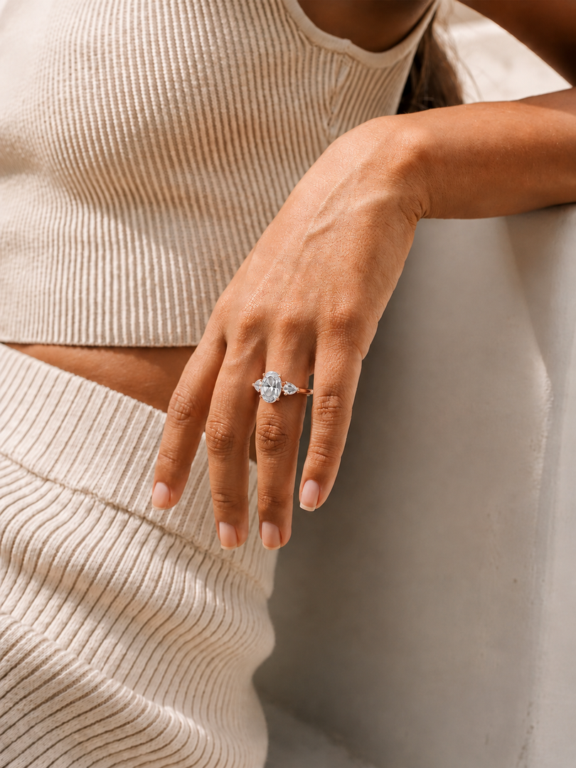 Pear Triology Oval Engagement Ring in Rose Gold