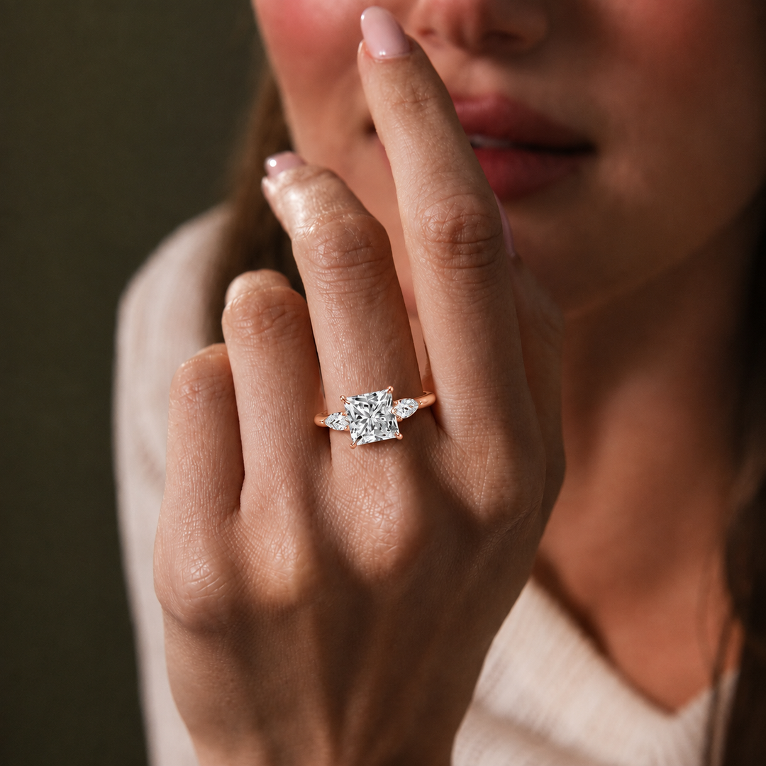 Pear Triology Princess Engagement Ring in Rose Gold