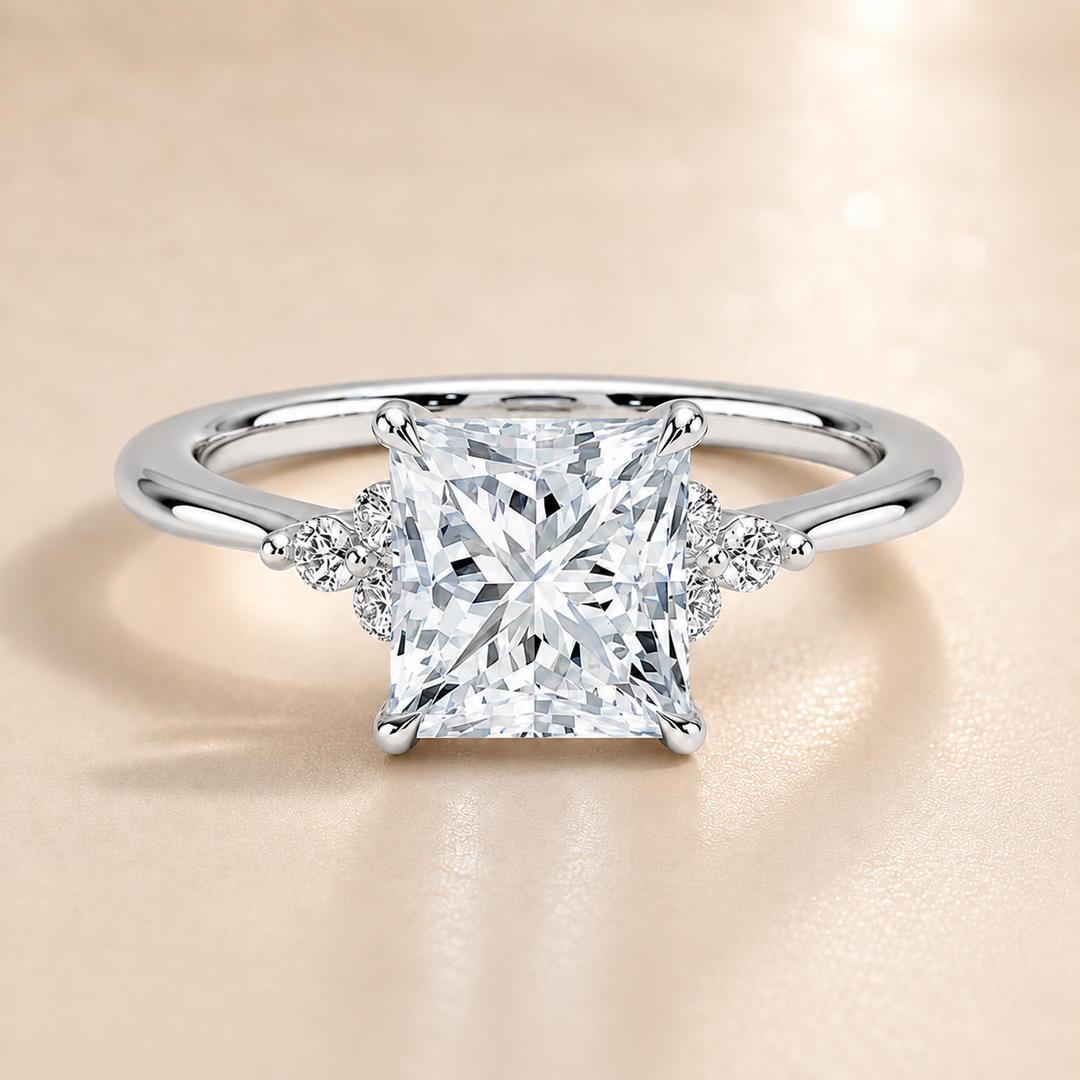Six round accent diamonds Three Stone Ring in Silver