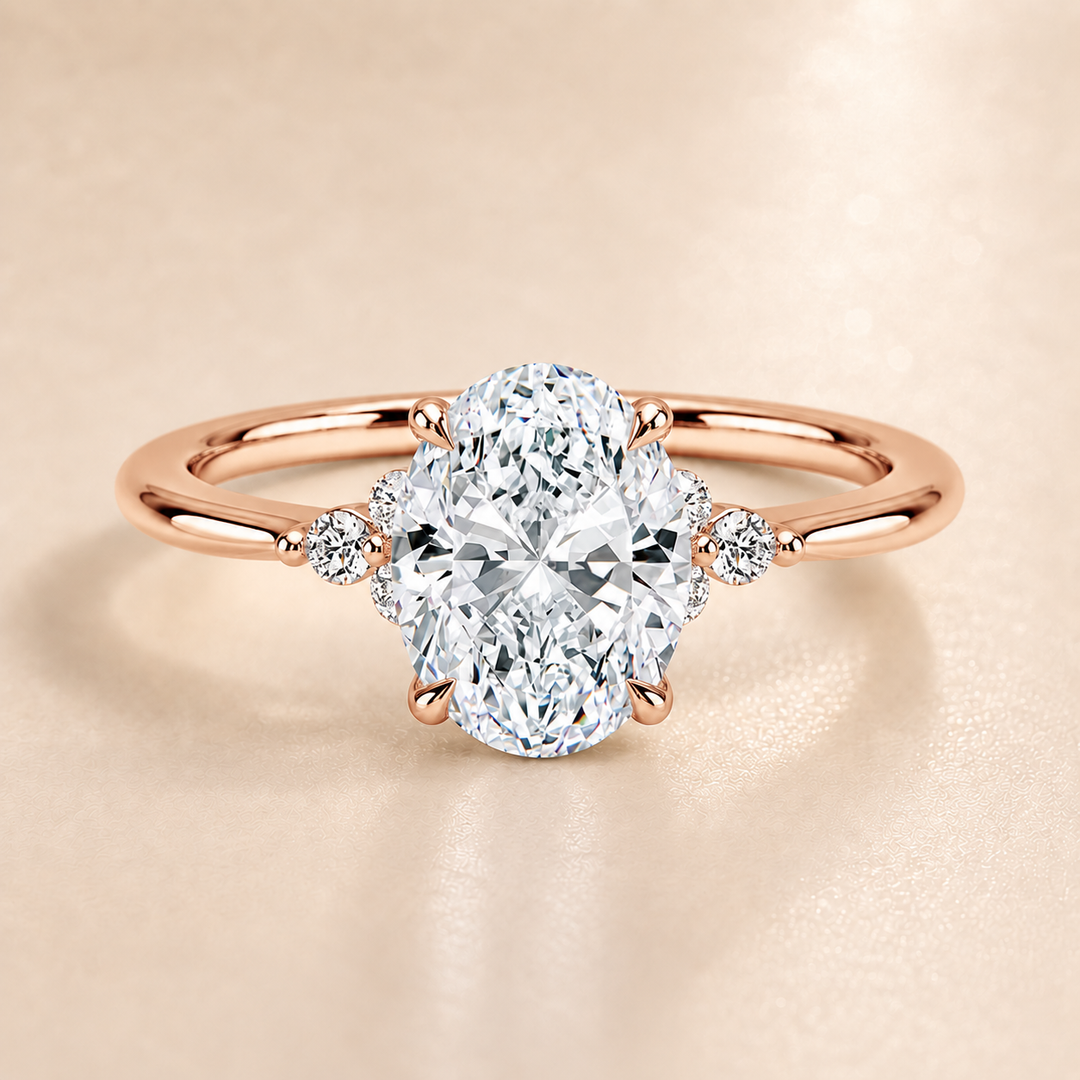 Six round accent diamonds Three Stone Ring in Rose Gold
