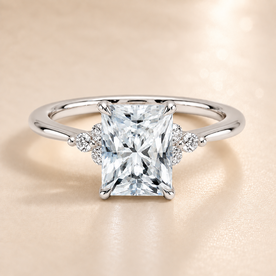 Six round accent diamonds Three Stone Ring in Silver