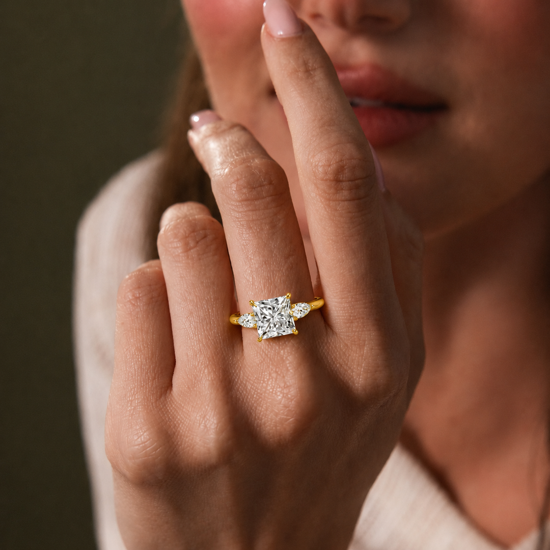 Pear Triology Princess Engagement Ring in Yellow gold