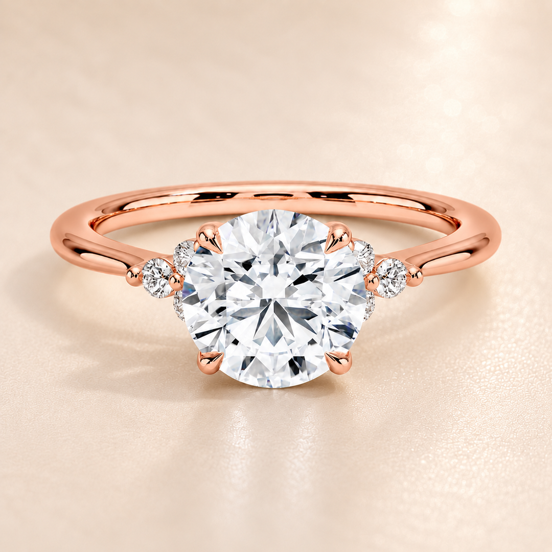 Six round accent diamonds Three Stone Ring in Rose Gold