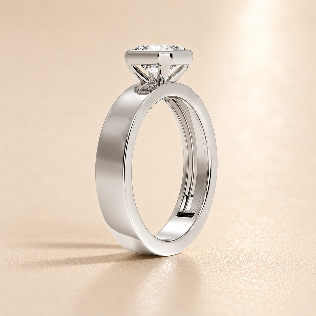 4mm Cigar band Bezel set Solitaire Ring in White Gold
