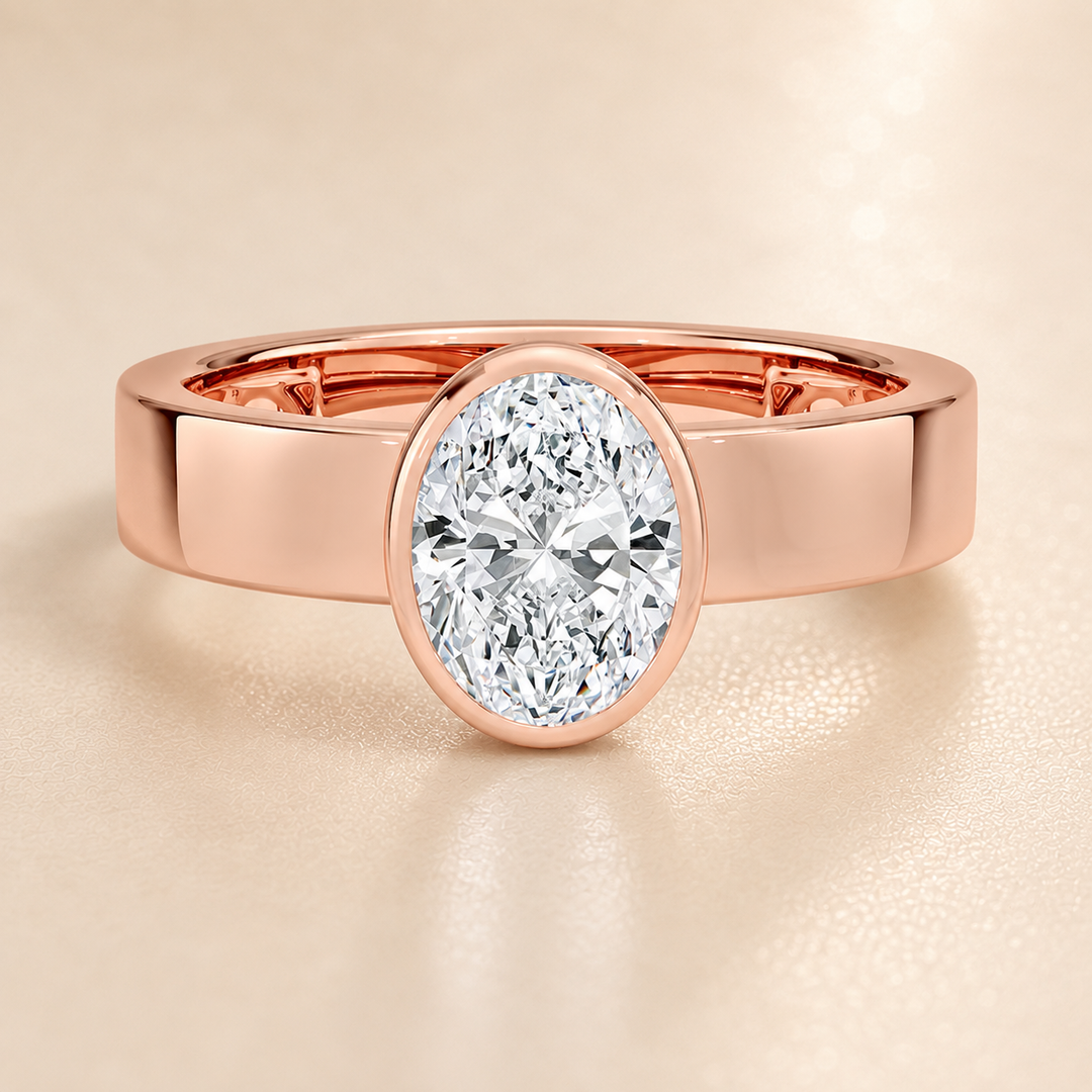 4mm Cigar band Bezel set Solitaire Ring in Rose Gold