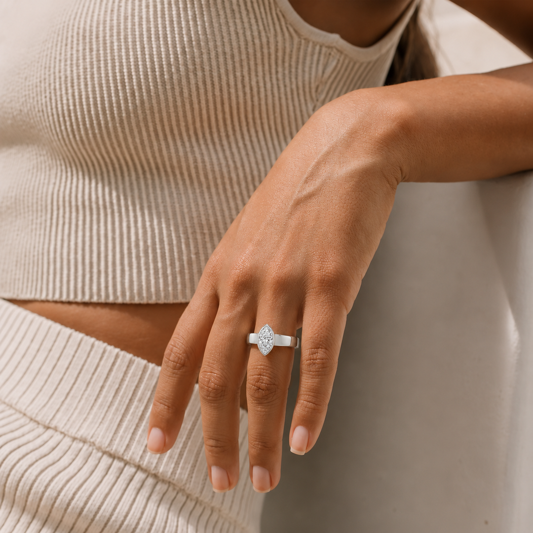 4mm Cigar band Bezel set Solitaire Ring in White Gold