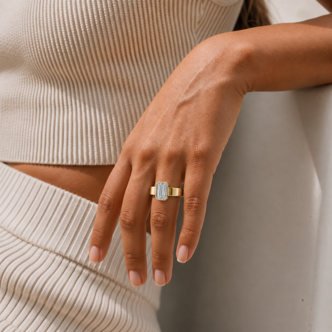 4mm Cigar band Bezel set Solitaire Ring in Yellow Gold