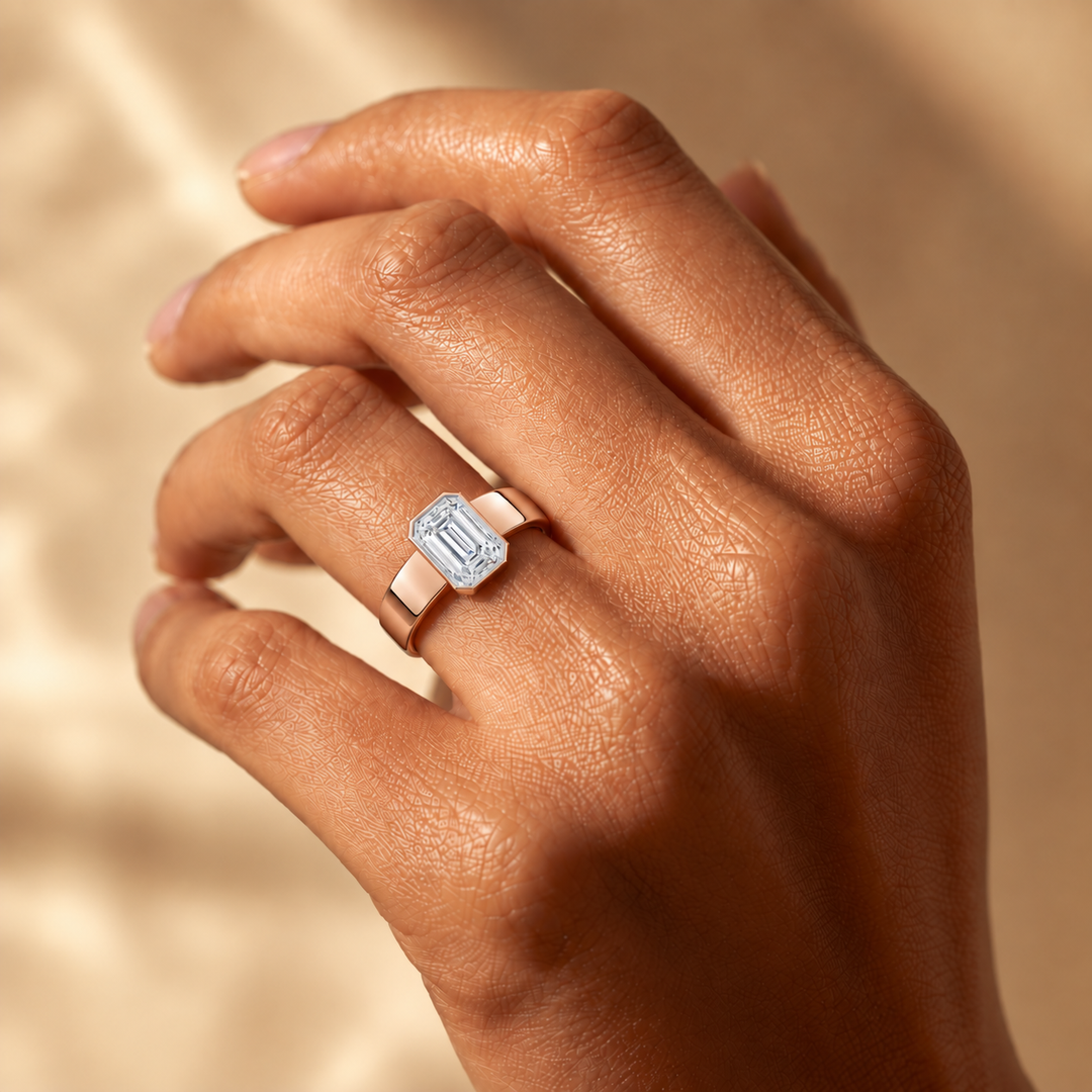 4mm Cigar band Bezel set Solitaire Ring in Rose Gold