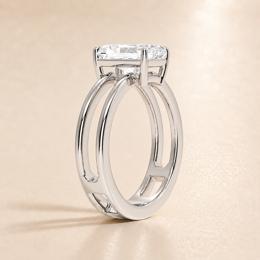 Open Double Band Solitaire Ring in White Gold