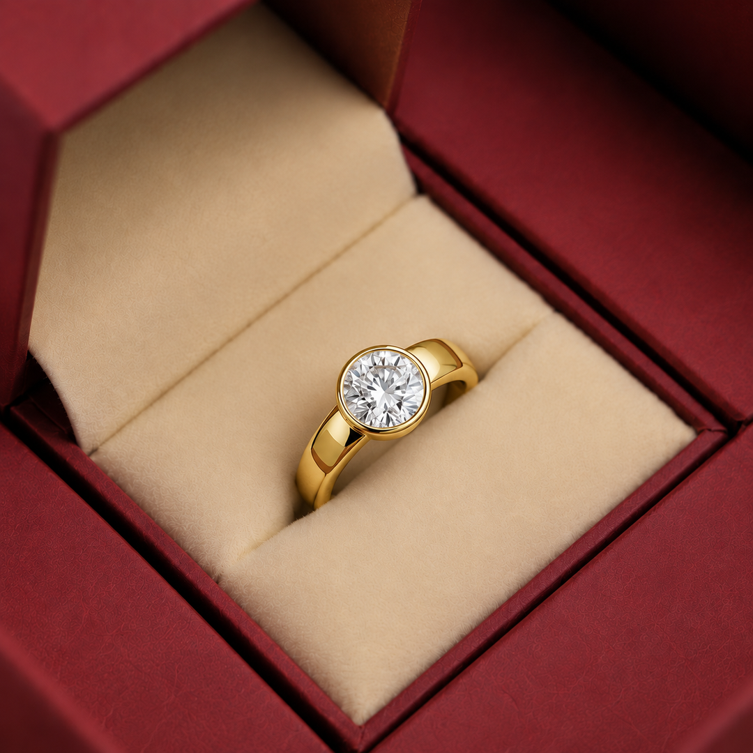 4mm Cigar band Bezel set Solitaire Ring in Yellow Gold