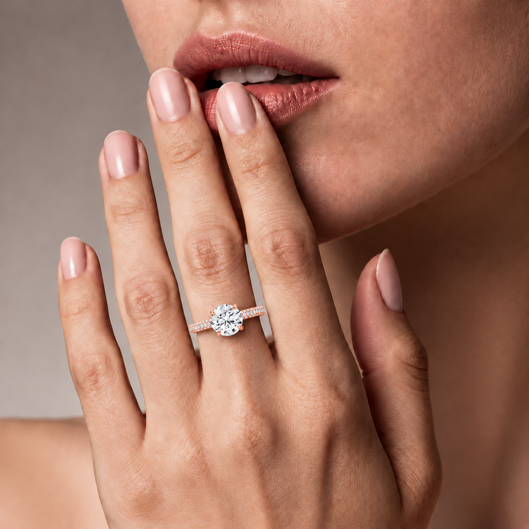 Micro Pave band Solitaire Ring in Rose Gold