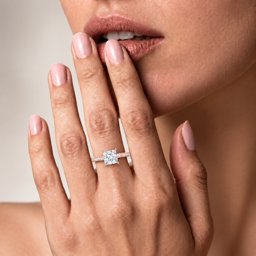 Micro Pave band Solitaire Ring in Rose Gold