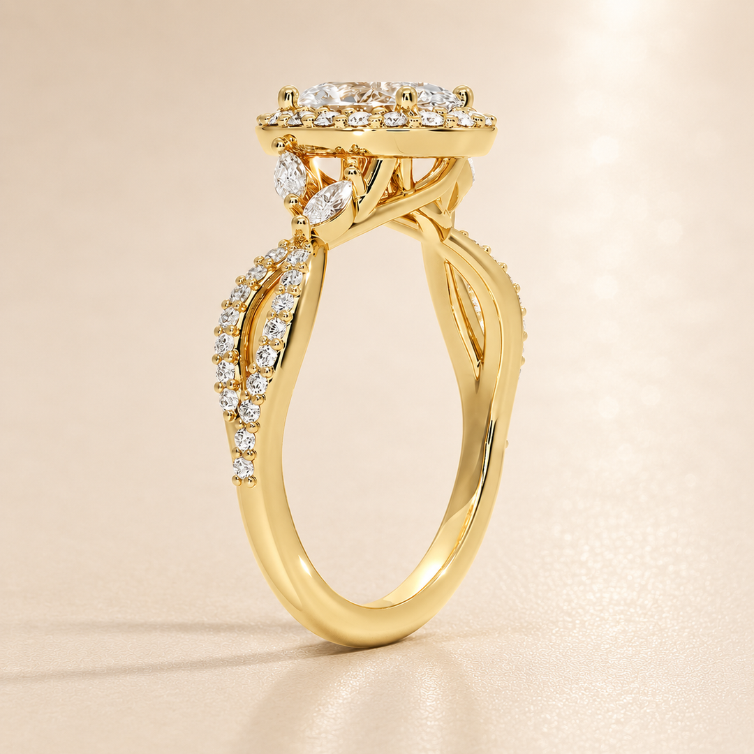 Vine band Halo Diamond Ring in Yellow Gold