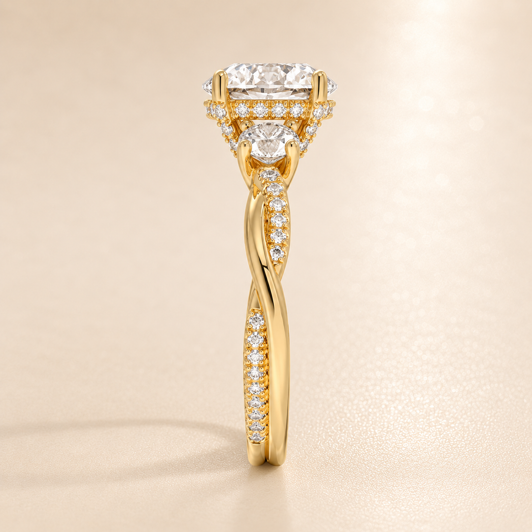 Twisted Vine Band Three Stone Ring in Yellow Gold