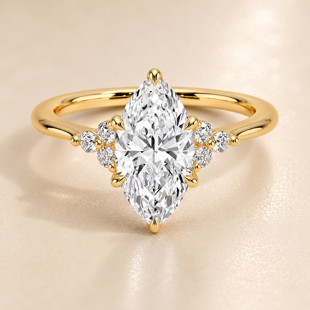Six round accent diamonds Three Stone Ring in Yellow Gold