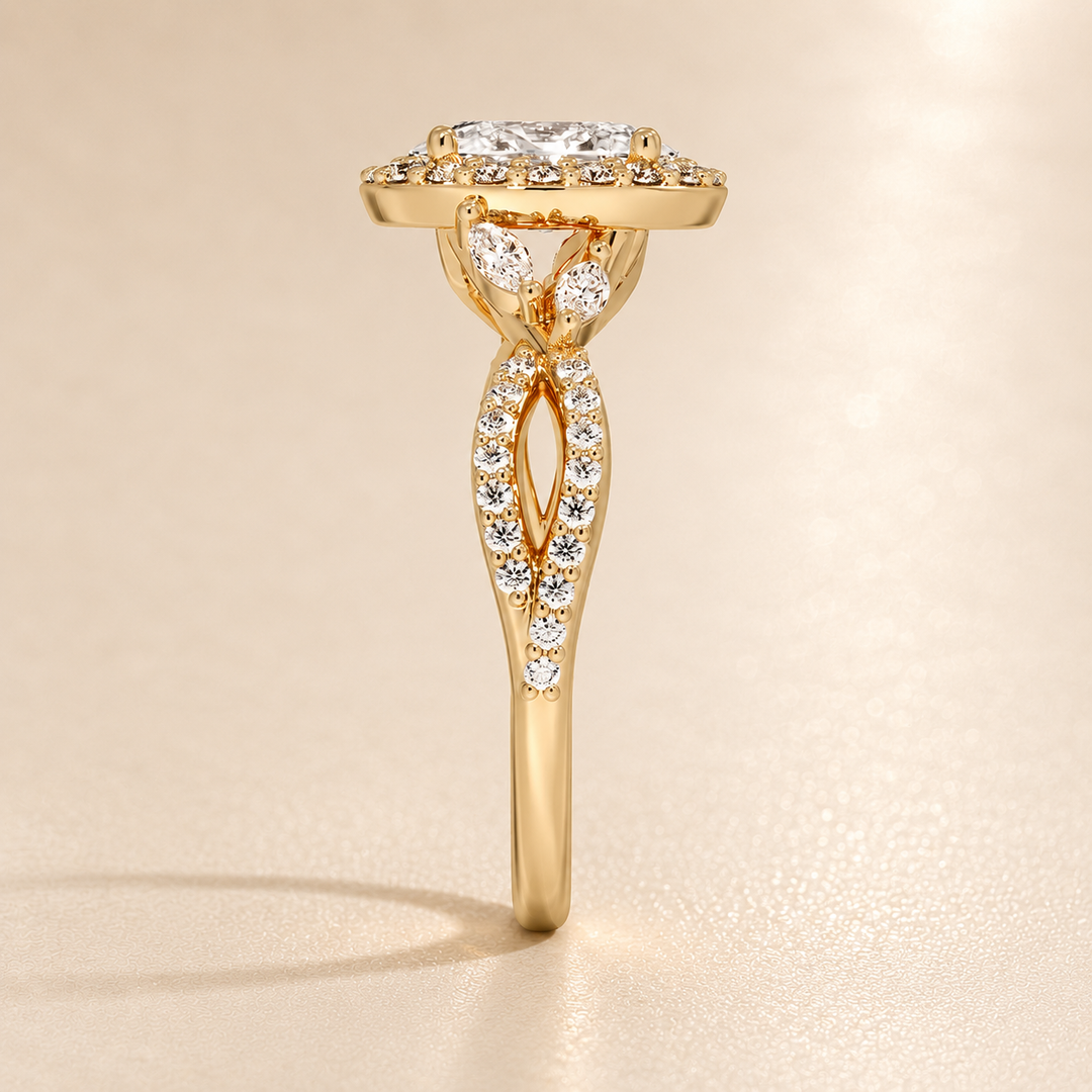 Vine band Halo Diamond Ring in Yellow Gold