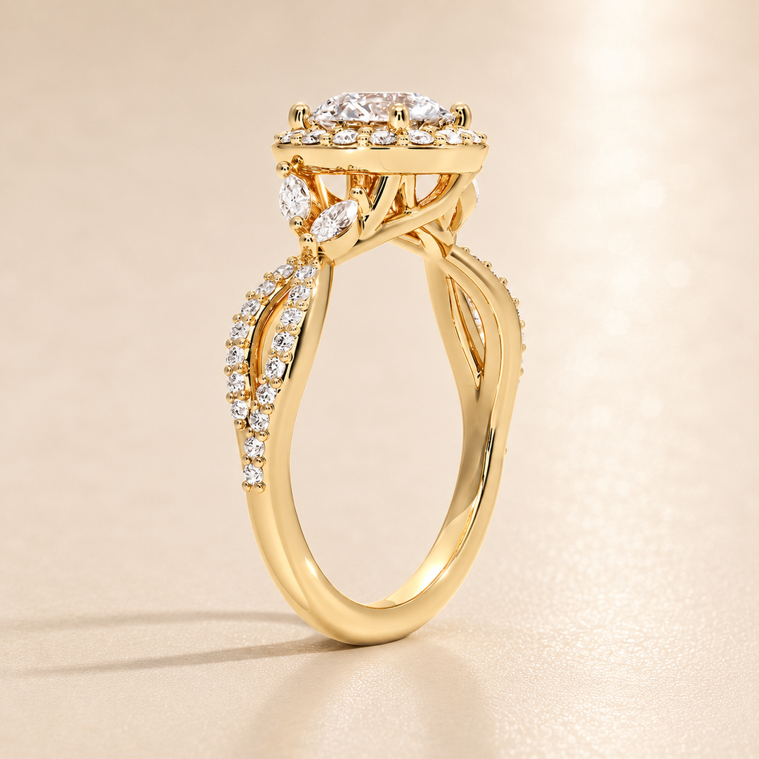 Vine band Halo Diamond Ring in Yellow Gold