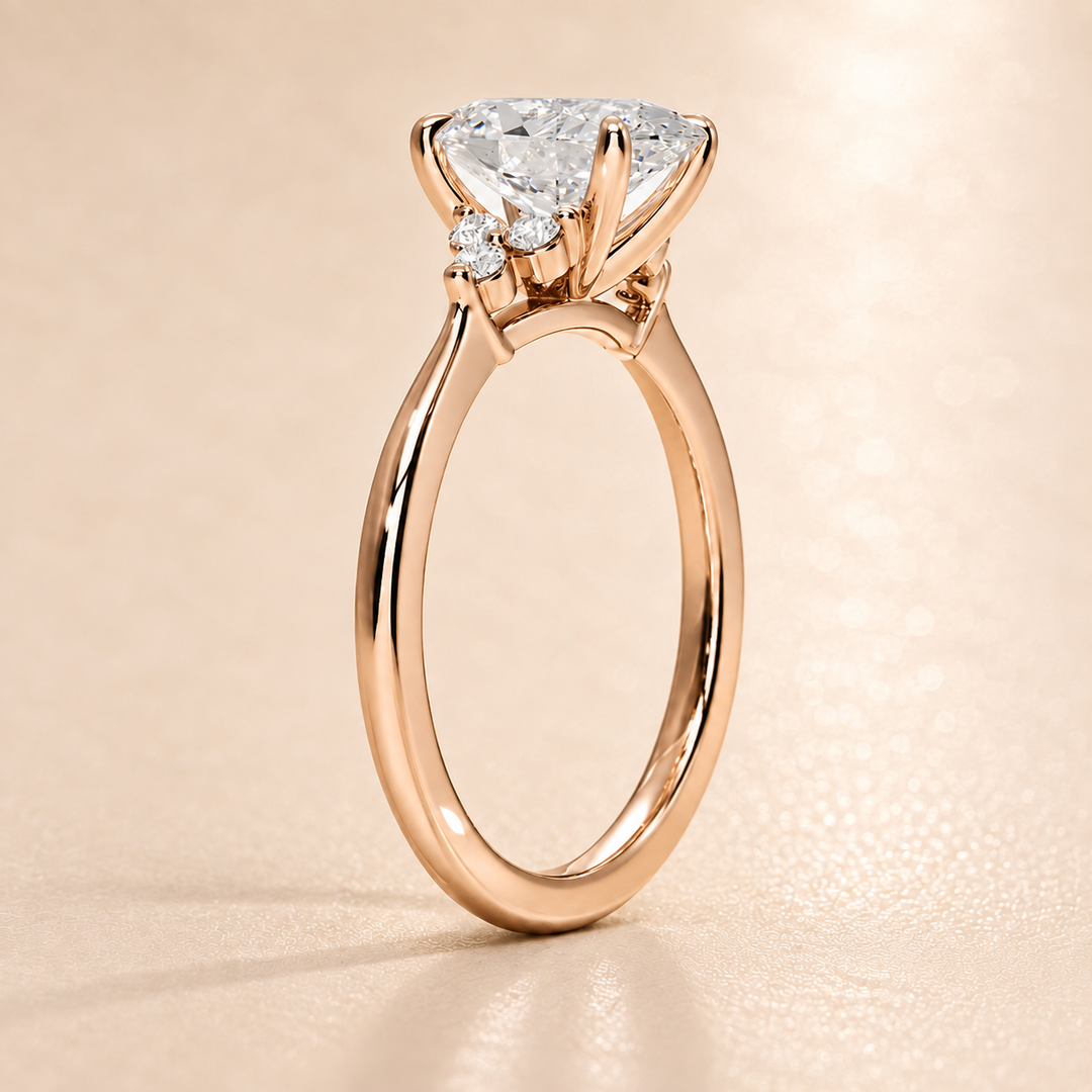 Six round accent diamonds Three Stone Ring in Rose Gold