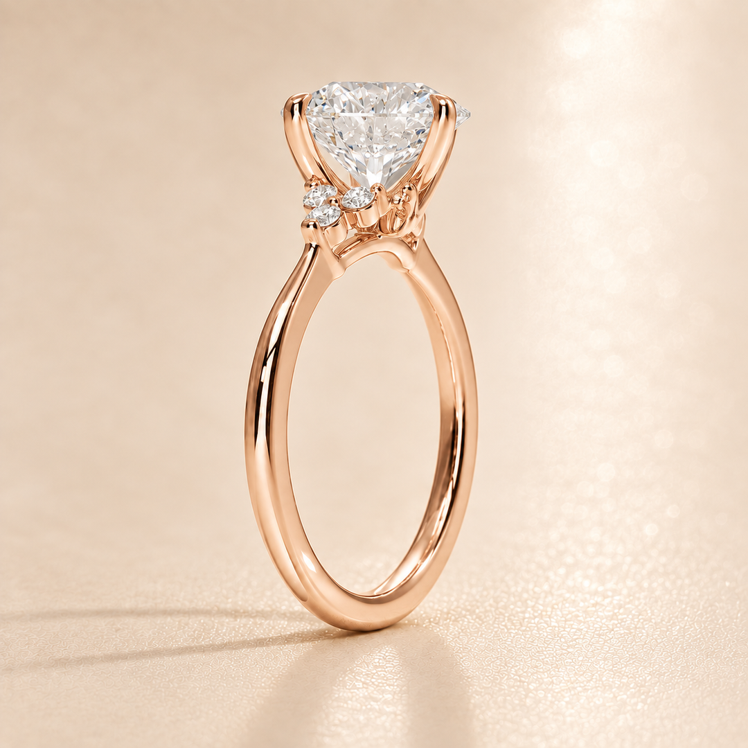 Six round accent diamonds Three Stone Ring in Rose Gold