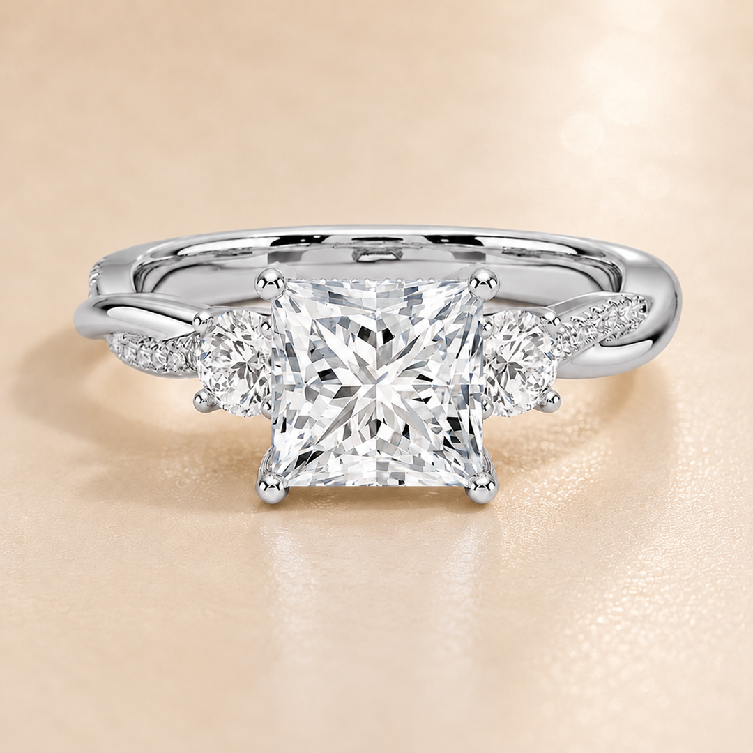 Twisted Vine Band Three Stone Ring in White Gold